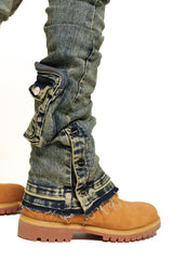 JOURNEY TO GREATNESS" CARGO FLARE STACK DENIM (NAVY BLUE)