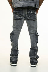 "JOURNEY TO GREATNESS" CARGO FLARE STACK DENIM (BLACK)