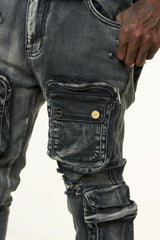 "JOURNEY TO GREATNESS" CARGO FLARE STACK DENIM (BLACK)