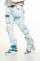 "JOURNEY TO GREATNESS" CARGO FLARE STACK DENIM (LIGHT BLUE)