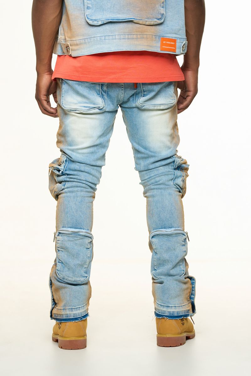 "JOURNEY TO GREATNESS" CARGO FLARE STACK DENIM (ORANGE OVER-DYE)