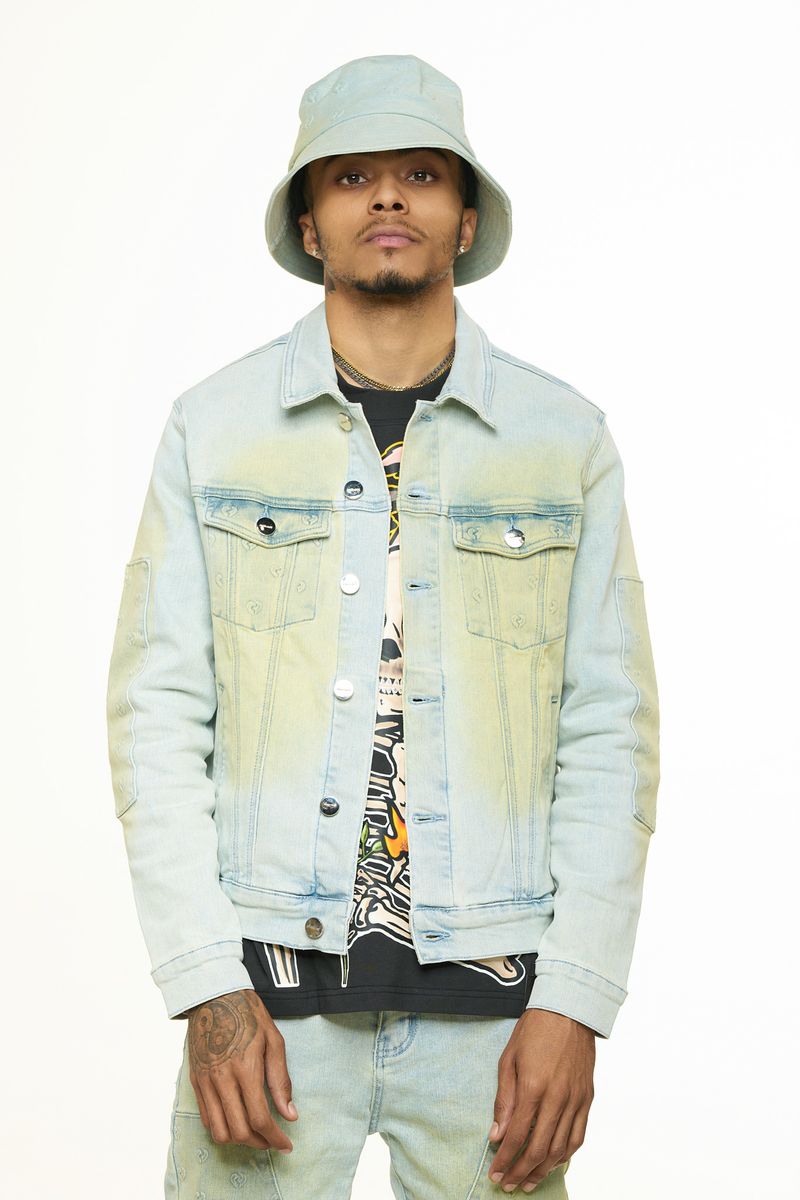 "MENDING HEARTS" EMBOSSED DENIM JACKET (LIGHT BLUE/SAND)