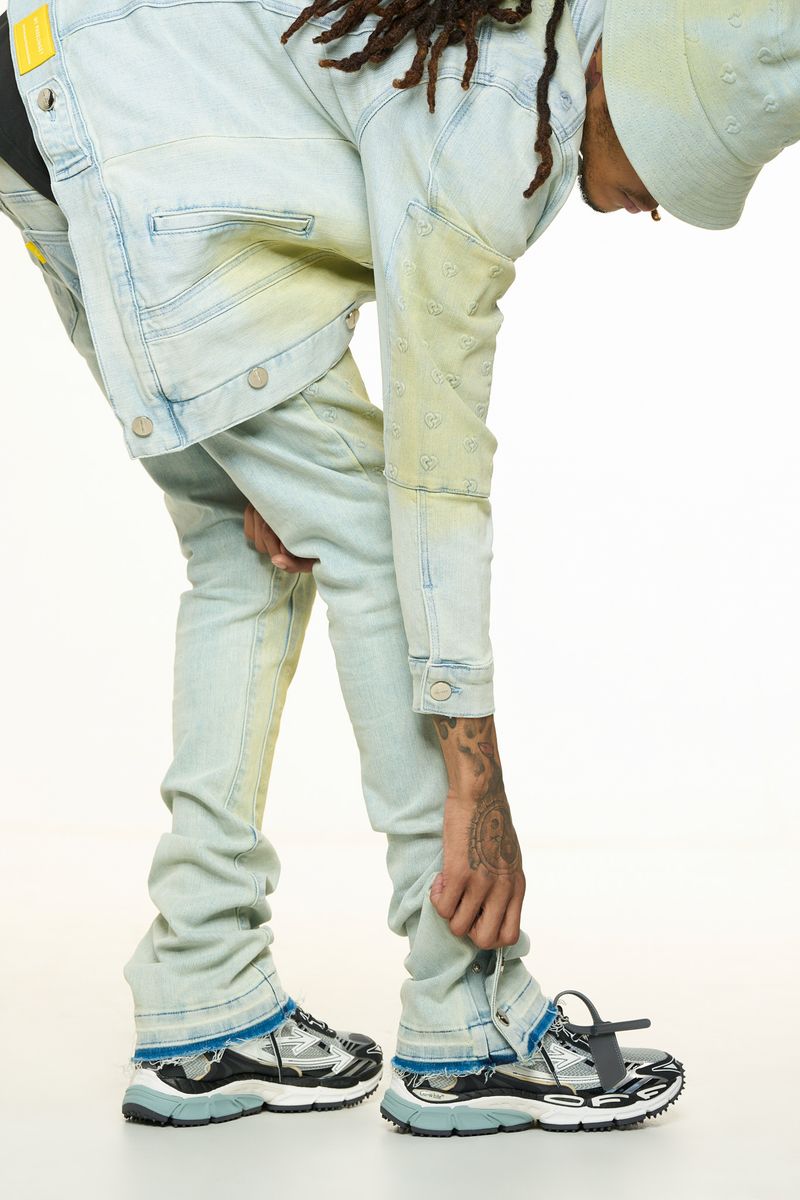 "MENDING HEARTS" EMBOSSED FLARE STACK DENIM (LIGHT BLUE/SAND)