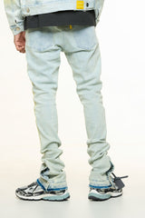 "MENDING HEARTS" EMBOSSED FLARE STACK DENIM (LIGHT BLUE/SAND)