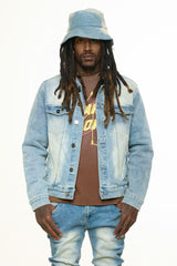 "NEW EMOTIONS" EMBOSSED DENIM JACKET (LIGHT BLUE STONE WASH)