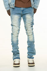 "NEW EMOTIONS" EMBOSSED FLARE STACK DENIM (LIGHT BLUE STONE WASH)