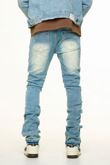 "NEW EMOTIONS" EMBOSSED FLARE STACK DENIM (LIGHT BLUE STONE WASH)