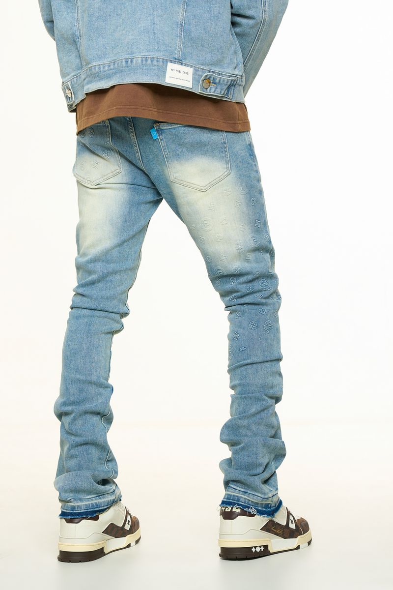 "NEW EMOTIONS" EMBOSSED FLARE STACK DENIM (LIGHT BLUE STONE WASH)