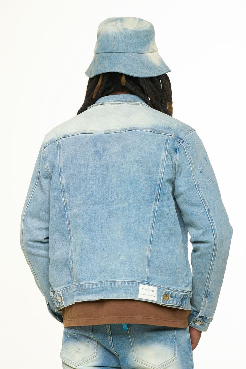 "NEW EMOTIONS" EMBOSSED DENIM JACKET (LIGHT BLUE STONE WASH)