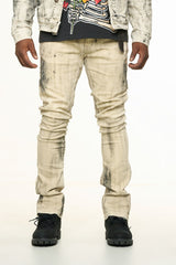 "NEW EMOTIONS" EMBOSSED FLARE STACK DENIM (LIGHT GREY BLACK OVERDYE)