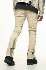 "NEW EMOTIONS" EMBOSSED FLARE STACK DENIM (LIGHT GREY BLACK OVERDYE)