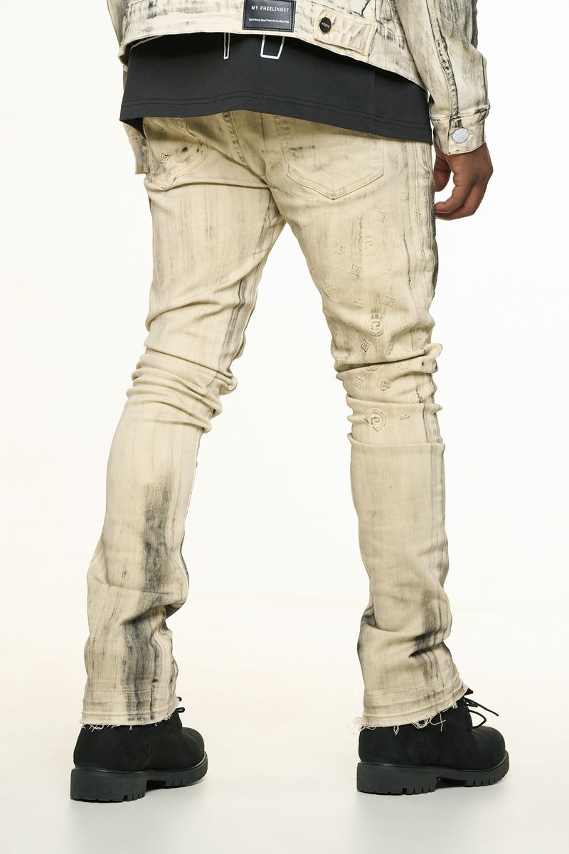 "NEW EMOTIONS" EMBOSSED FLARE STACK DENIM (LIGHT GREY BLACK OVERDYE)