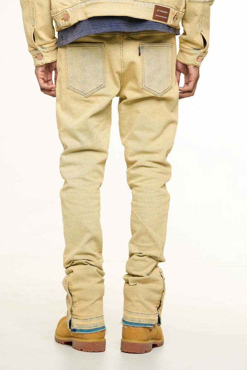 "MENDING HEARTS" EMBOSSED FLARE STACK DENIM (LIGHT BLUE/SAND)