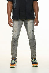 "LOVE IS PAIN" EMBOSSED SKINNY DENIM (CHARCOAL GREY/SAND)