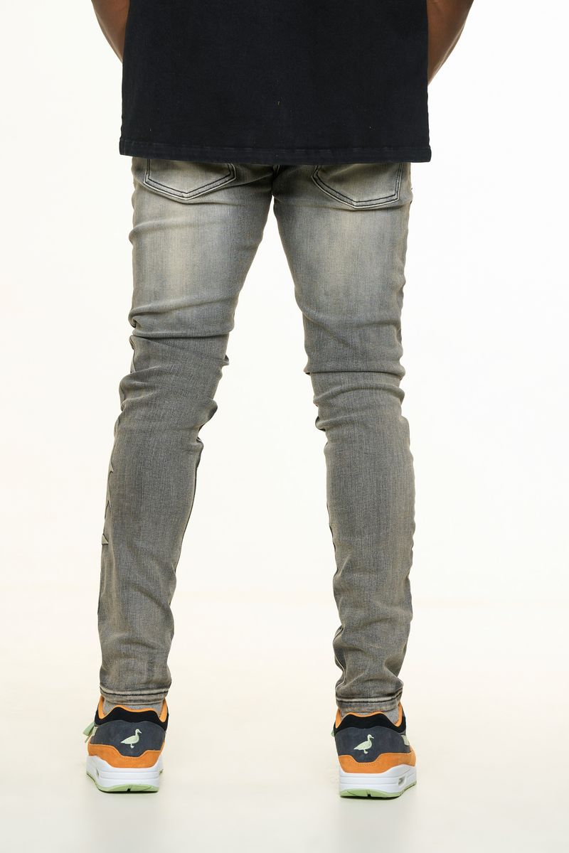 "LOVE IS PAIN" EMBOSSED SKINNY DENIM (CHARCOAL GREY/SAND)