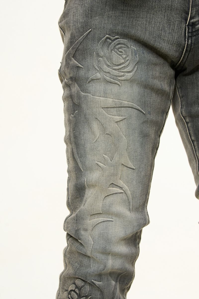 "LOVE IS PAIN" EMBOSSED SKINNY DENIM (CHARCOAL GREY/SAND)