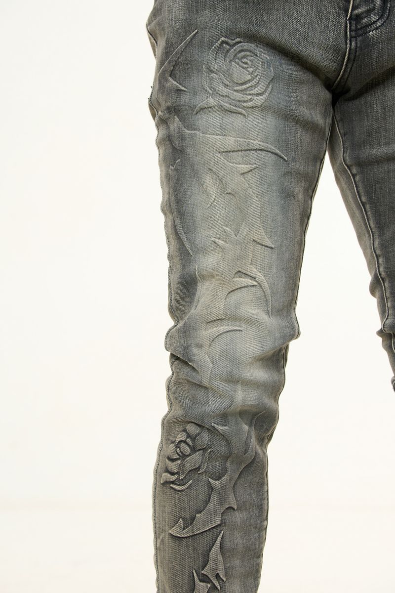 "LOVE IS PAIN" EMBOSSED SKINNY DENIM (CHARCOAL GREY/SAND)