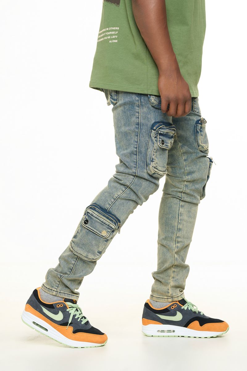 "LUCID DREAMS" CARGO SKINNY DENIM (MEDIUM BLUE/ SAND)