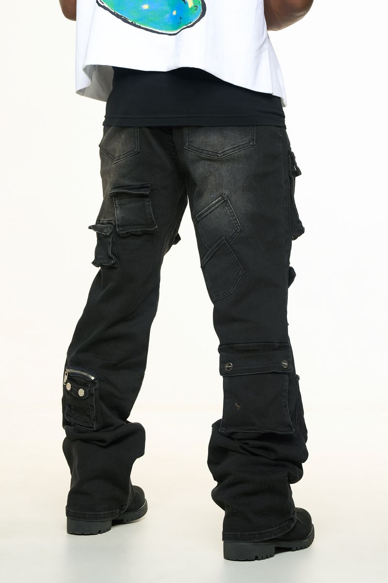 "HEAVY THOUGHTS" CARGO BAGGY DENIM (BLACK WASH)