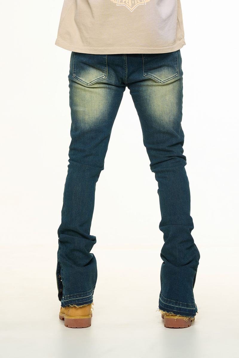 "EMOTIONALLY DRIVEN"FLARE STACK DENIM (MEDIUM BLUE VINTAGE WASH)