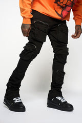 JOURNEY TO GREATNESS"  CARGO FLARE STACK DENIM (JET BLACK)