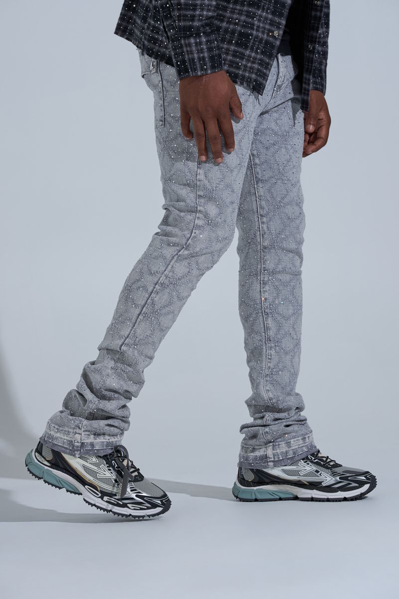 "FIRST MILLION" RHINESTONE STACK DENIM (LIGHT GREY)