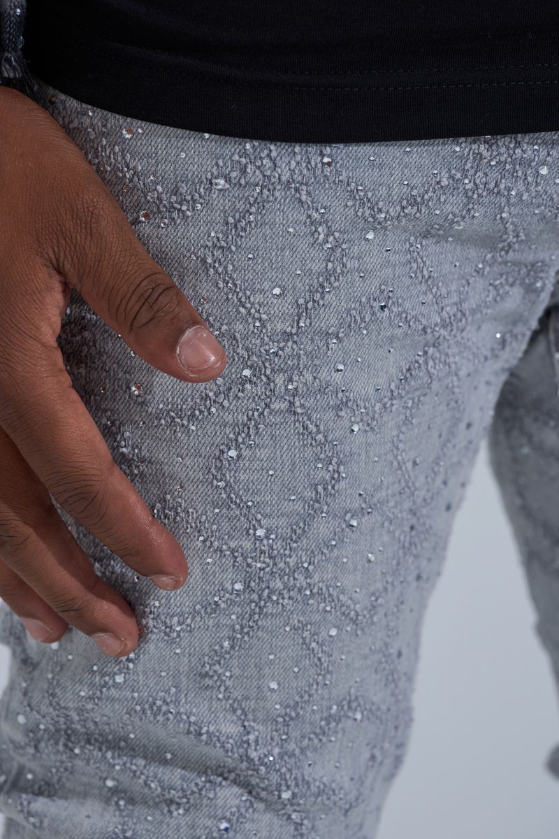 "FIRST MILLION" RHINESTONE STACK DENIM (LIGHT GREY)