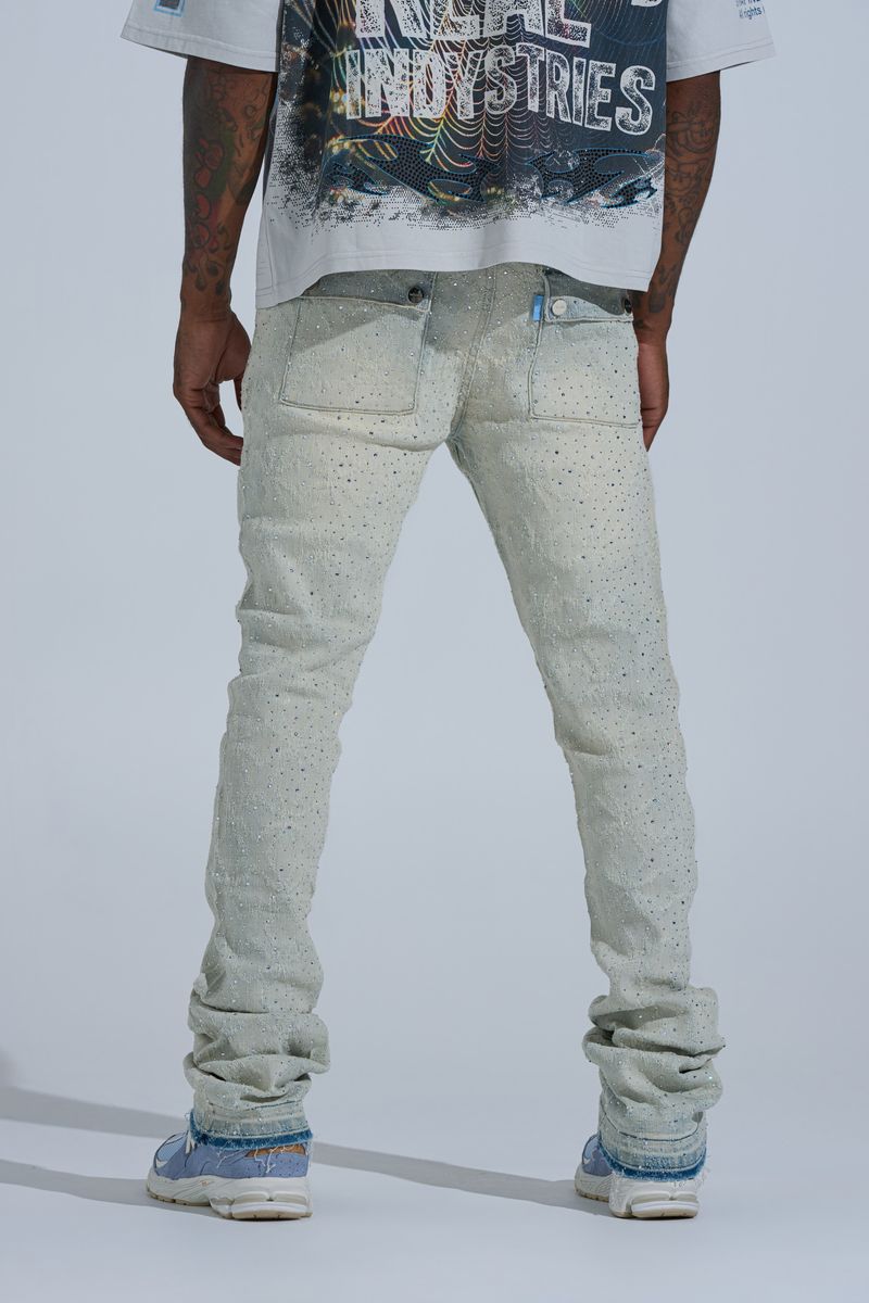 "FIRST MILLION" RHINESTONE STACK DENIM (LIGHT BLUE)