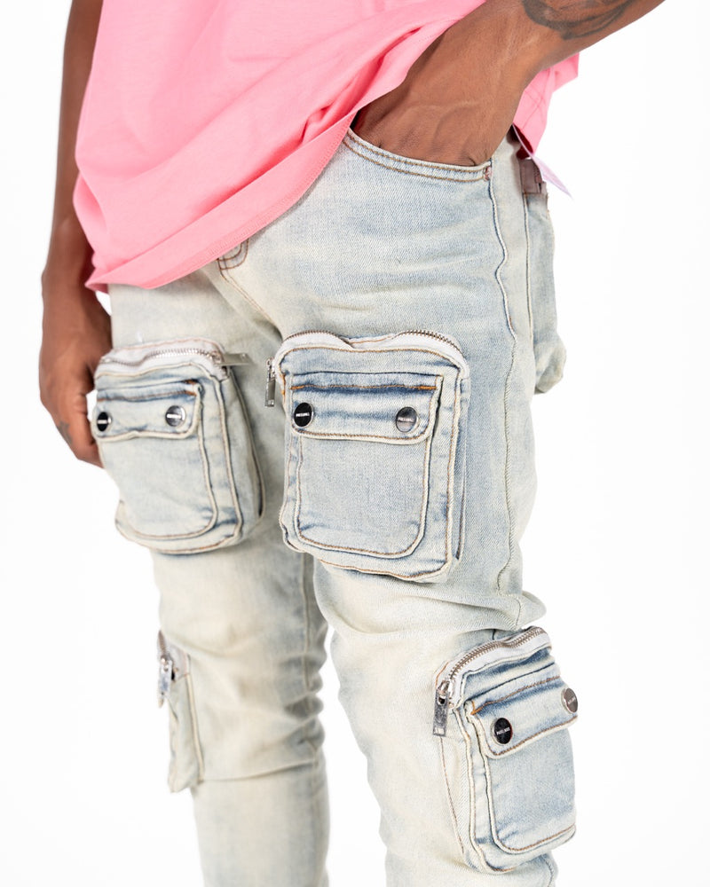 "JOURNEY TO GREATNESS" CARGO FLARE STACK DENIM