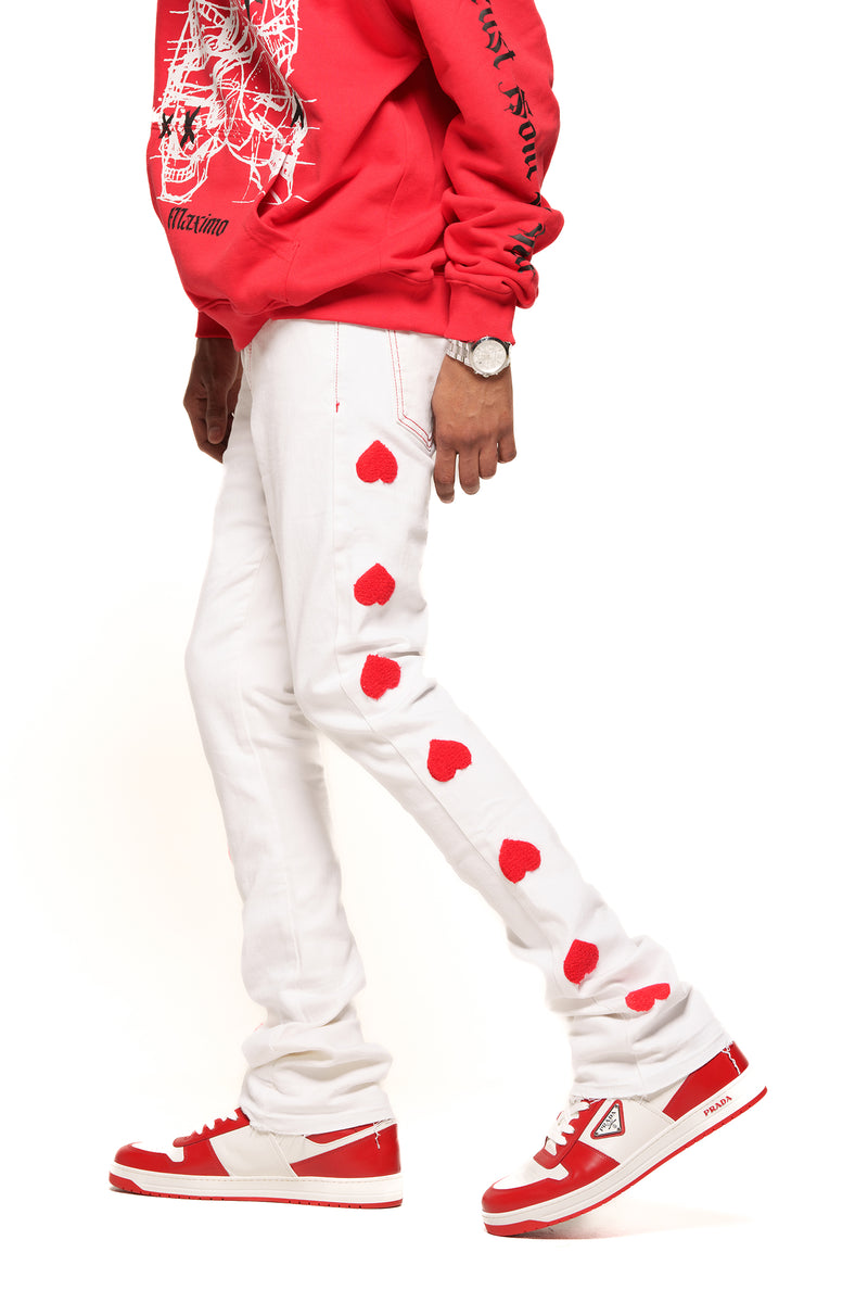 HEARTBEAT OF SUCCESS" FLARE STACK DENIM (WHITE/RED)