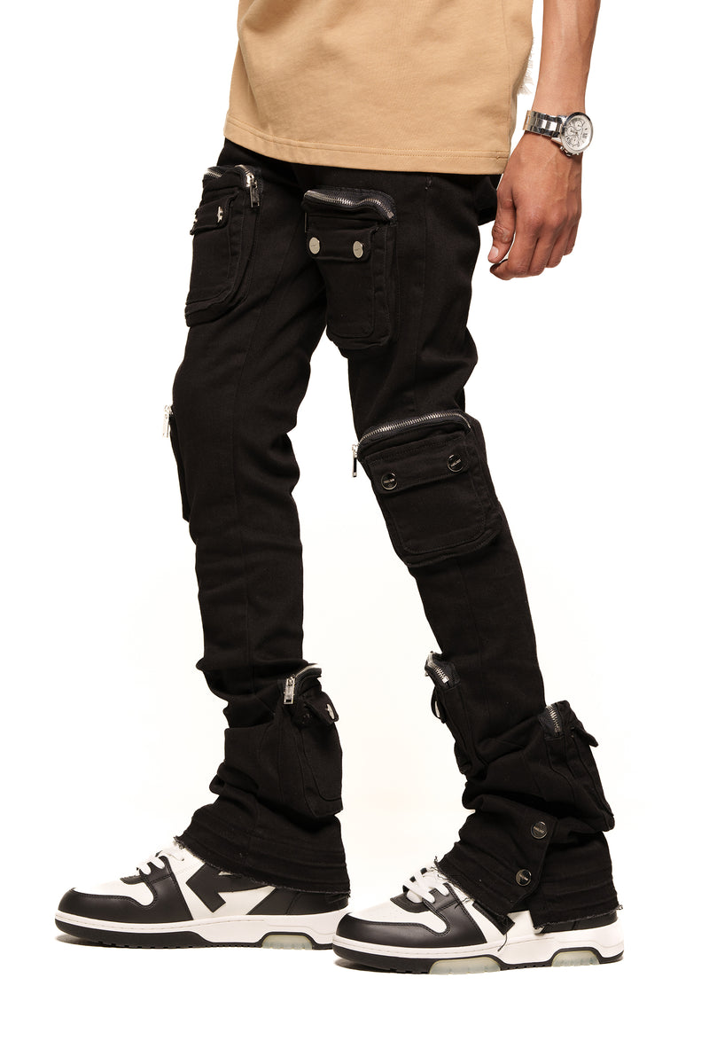 JOURNEY TO GREATNESS"  CARGO FLARE STACK DENIM (JET BLACK)