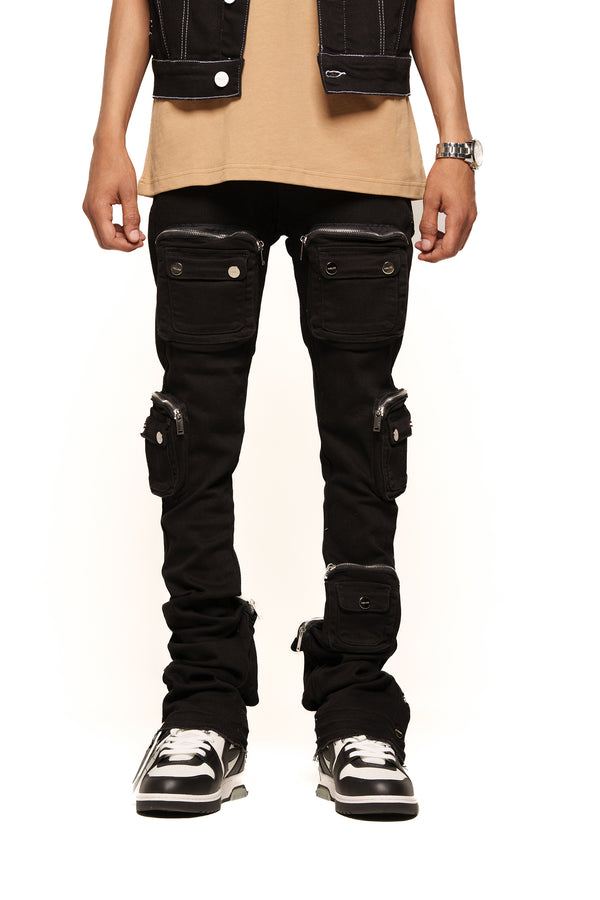 JOURNEY TO GREATNESS"  CARGO FLARE STACK DENIM (JET BLACK)