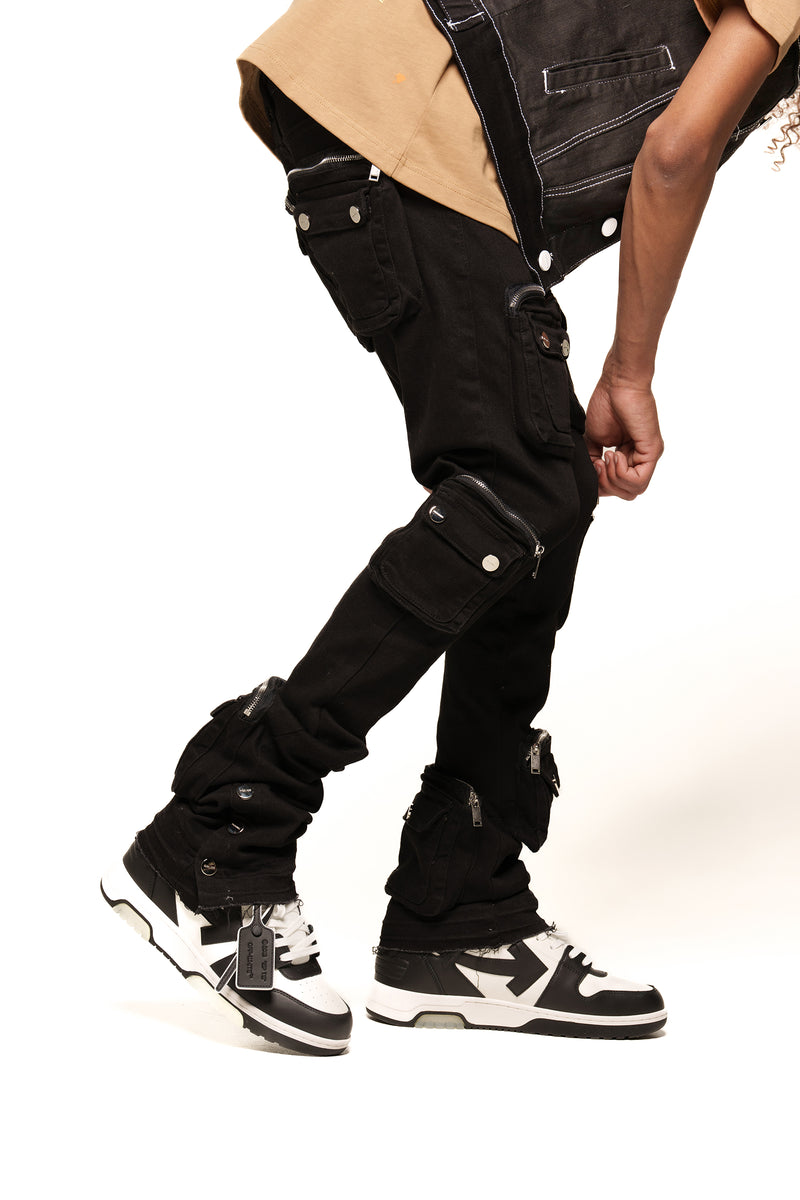 JOURNEY TO GREATNESS"  CARGO FLARE STACK DENIM (JET BLACK)