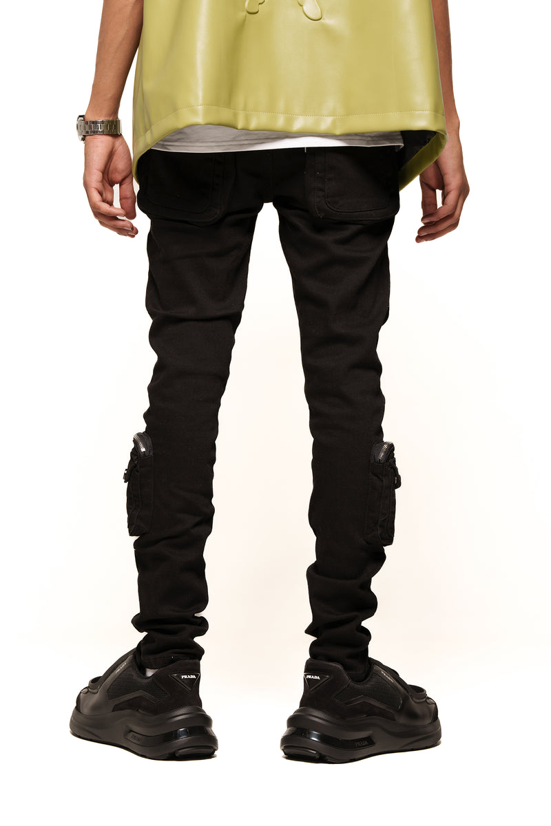 "TIME DON'T WAIT" CARGO SKINNY DENIM (JET BLACK)