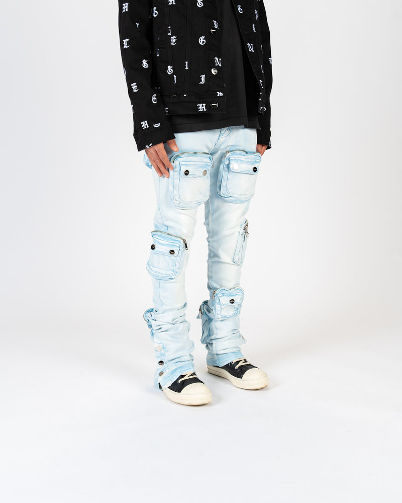 "JOURNEY TO GREATNESS" CARGO FLARE STACK DENIM