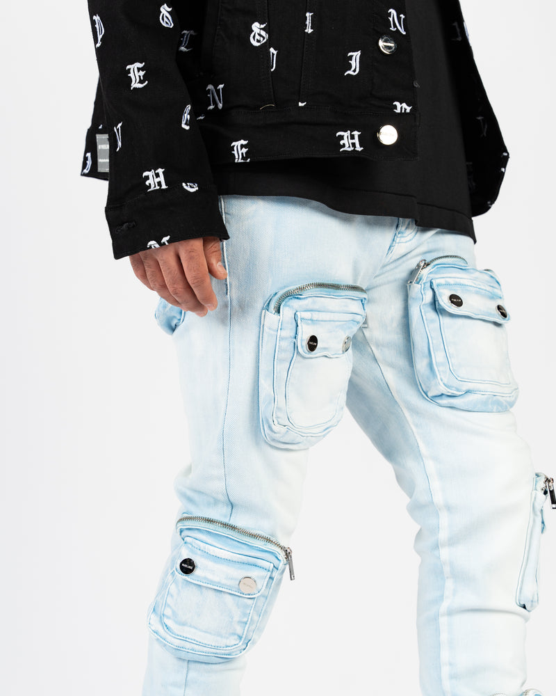 "JOURNEY TO GREATNESS" CARGO FLARE STACK DENIM