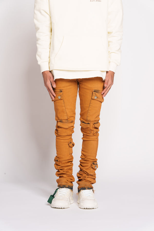 "MY PLEASURE" CARGO FLARE STACK DENIM