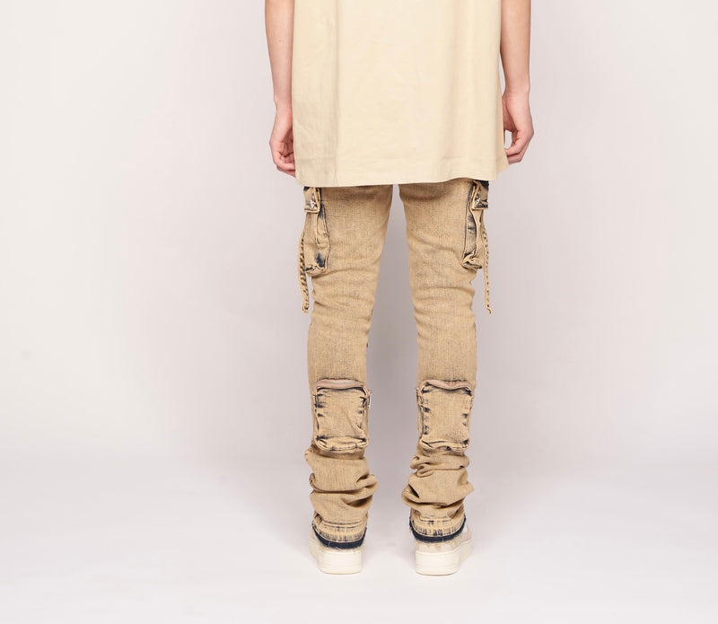 "NEVER LOOK BACK" CARGO FLARE STACK DENIM