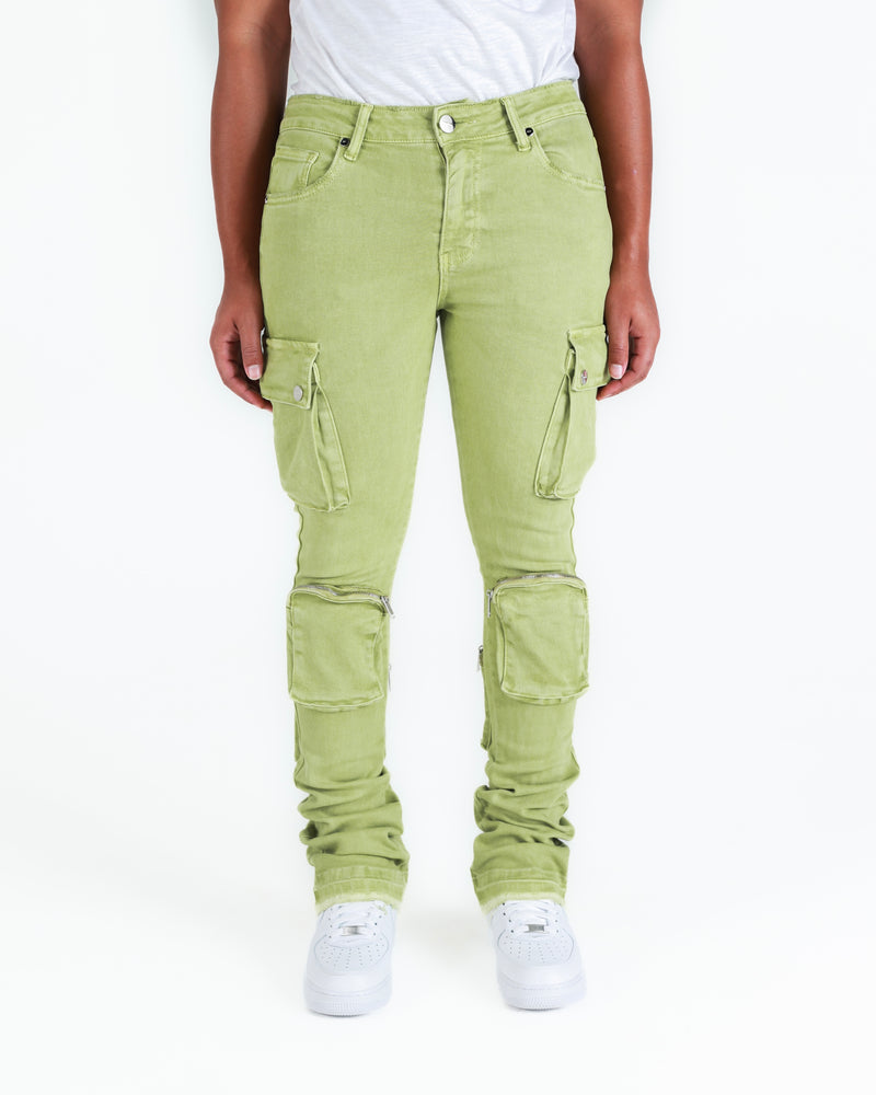 "NEVER LOOK BACK" CARGO FLARE STACK DENIM