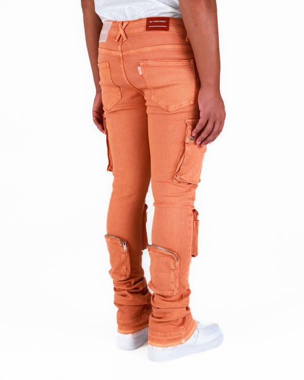 "NEVER LOOK BACK" CARGO FLARE STACK DENIM