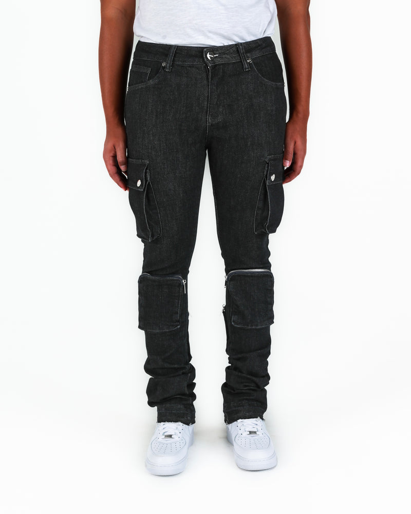 "NEVER LOOK BACK" CARGO FLARE STACK DENIM